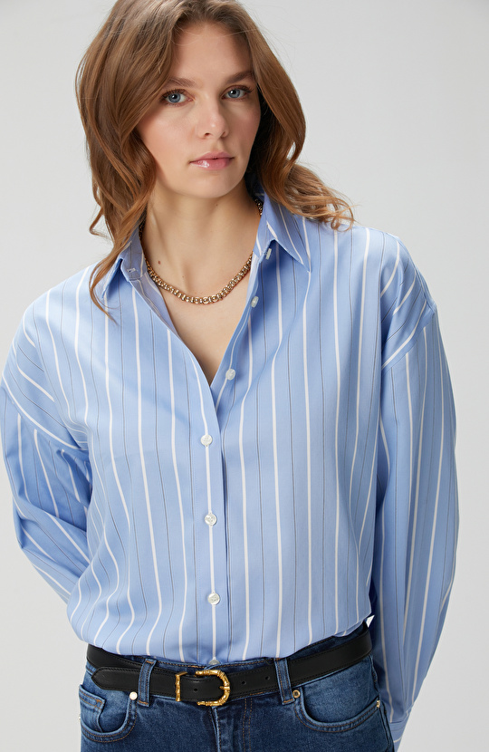 Non-Iron Mavi Beyaz Siyah Çizgili Gömlek