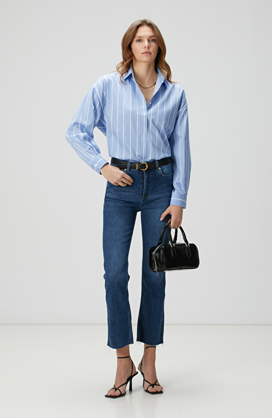 Non-Iron Mavi Beyaz Siyah Çizgili Gömlek