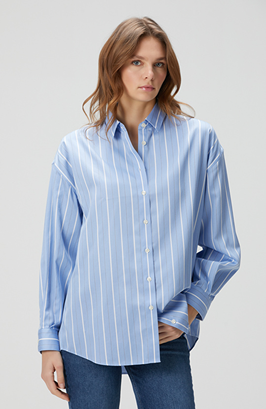 Non-Iron Mavi Beyaz Siyah Çizgili Gömlek
