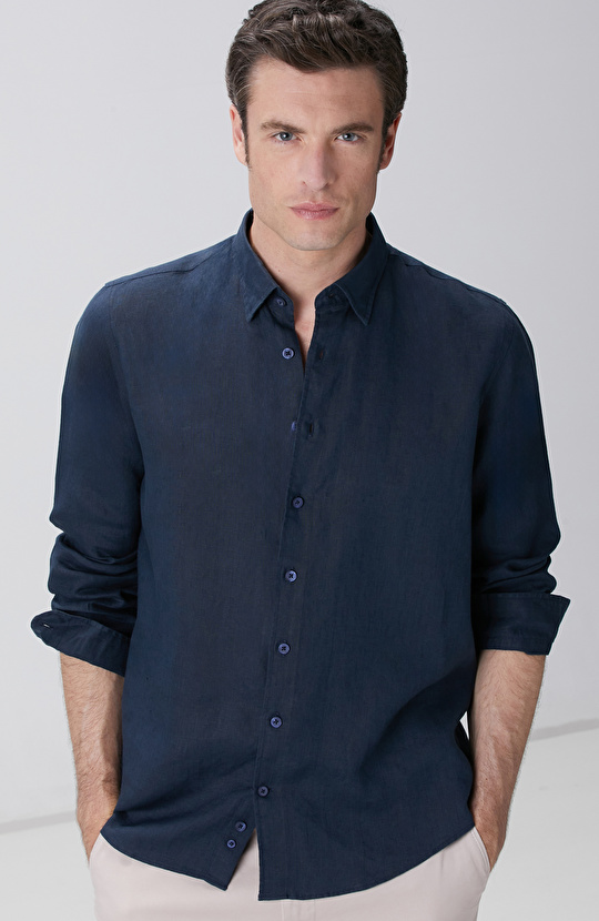 Lacivert Keten Gömlek