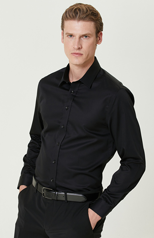 Siyah Non-Iron Saten Gömlek