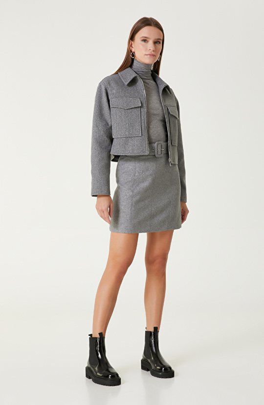 Gri Melanj Yün Karışımlı Mini Etek 