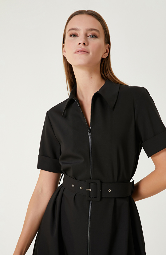 Siyah Yün Karışımlı Midi Elbise 