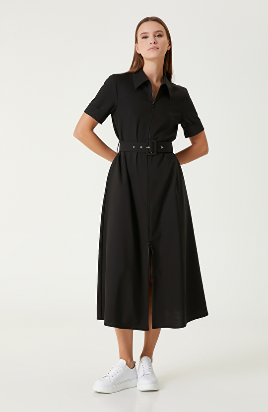 Siyah Yün Karışımlı Midi Elbise 