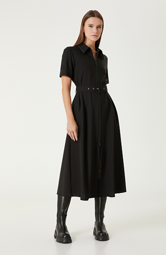 Siyah Yün Karışımlı Midi Elbise 