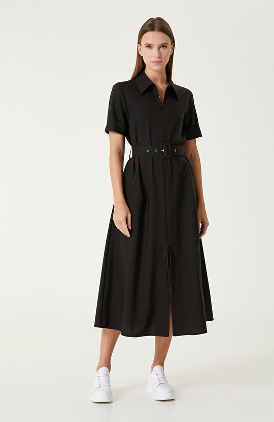 Siyah Yün Karışımlı Midi Elbise 