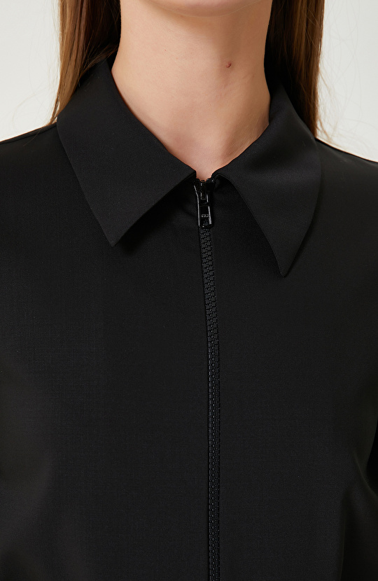 Siyah Yün Karışımlı Midi Elbise 