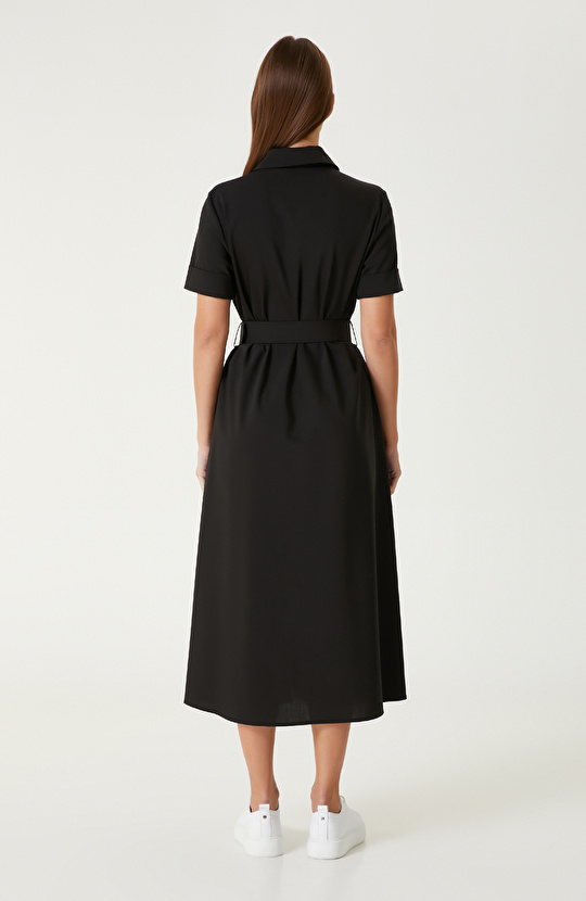 Siyah Yün Karışımlı Midi Elbise 