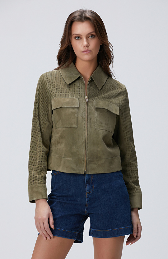 Haki Desenli Deri Mont