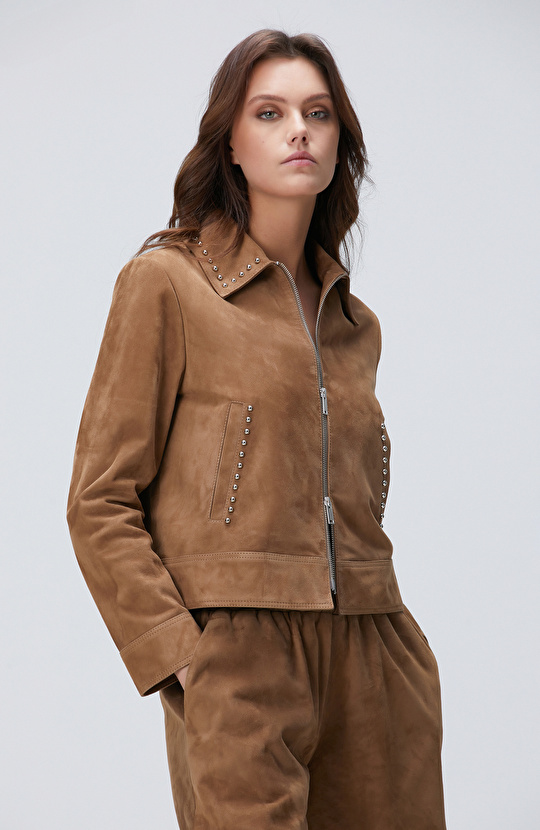 Açık Kahverengi Troklu Deri Mont