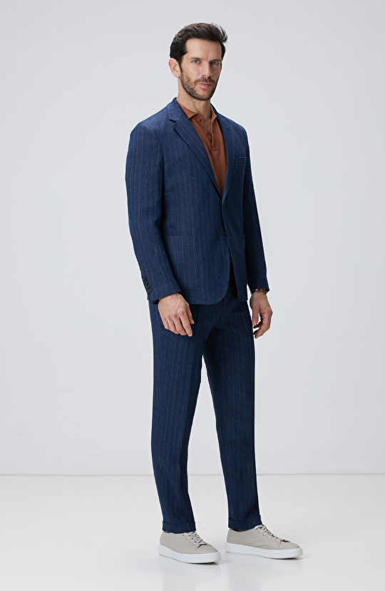 Lacivert Keten Karışımlı Ceket