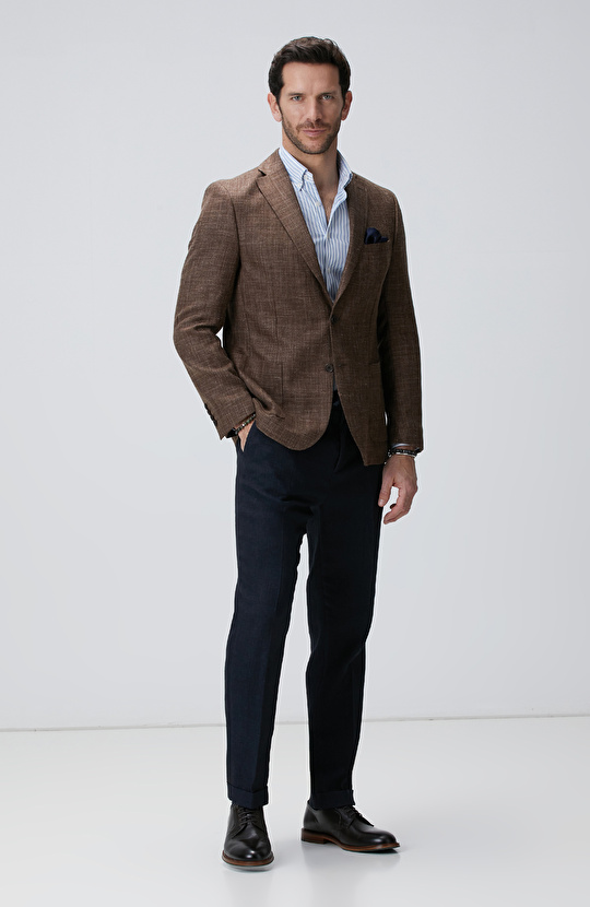 Kahverengi Ekose Desenli Yün İpek Karışımlı Ceket