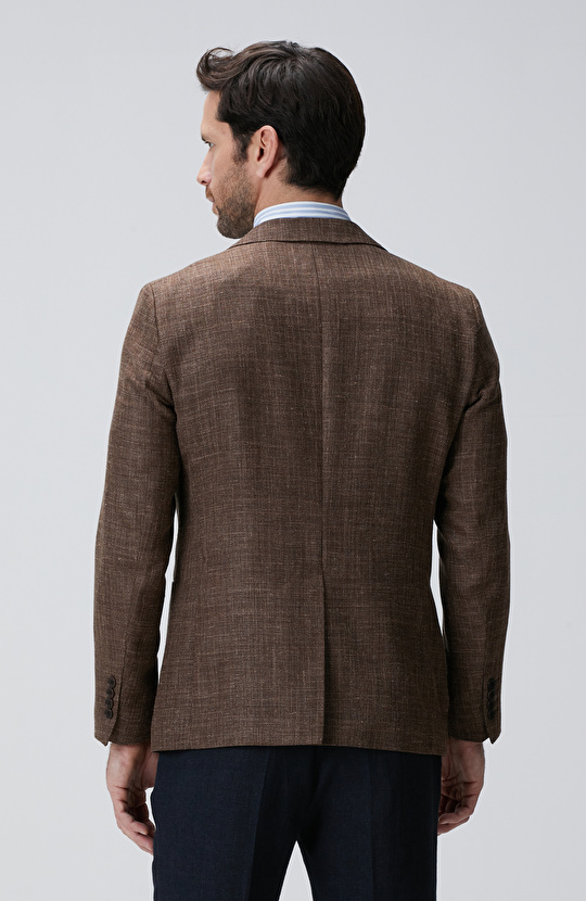 Kahverengi Ekose Desenli Yün İpek Karışımlı Ceket