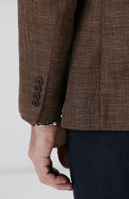 Kahverengi Ekose Desenli Yün İpek Karışımlı Ceket