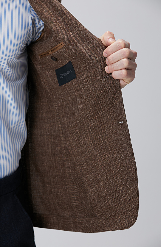 Kahverengi Ekose Desenli Yün İpek Karışımlı Ceket