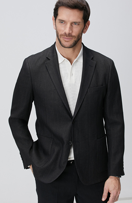 Siyah Keten Karışımlı Ceket