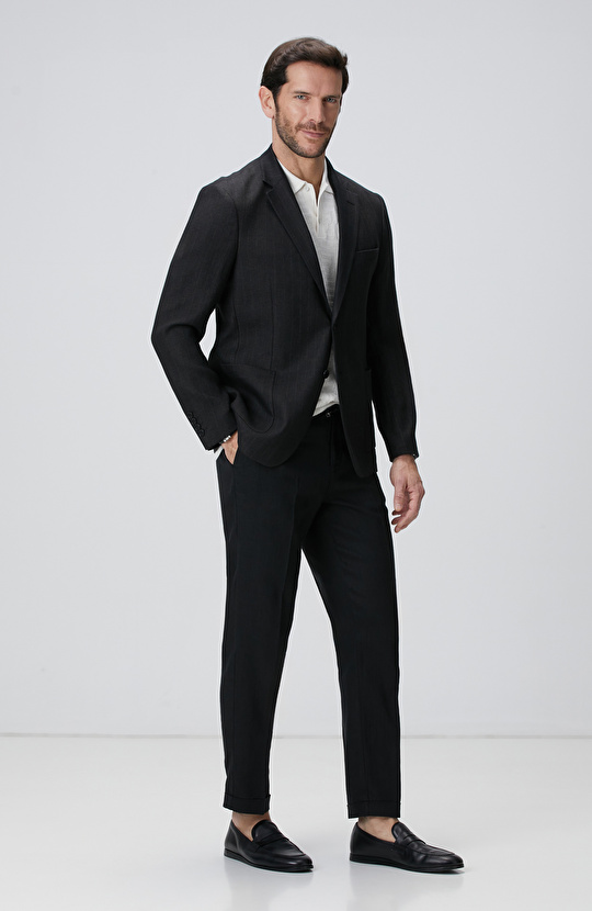 Siyah Keten Karışımlı Ceket