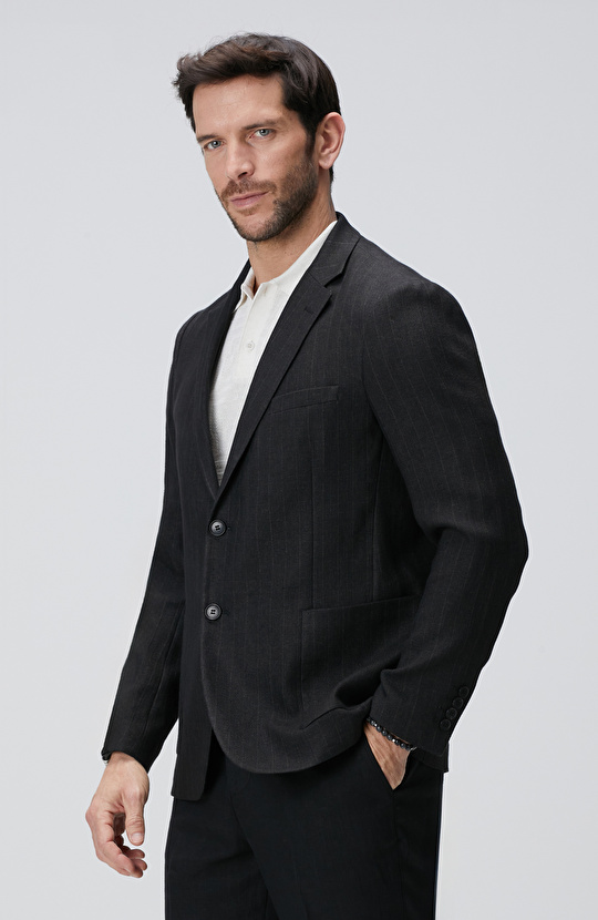 Siyah Keten Karışımlı Ceket