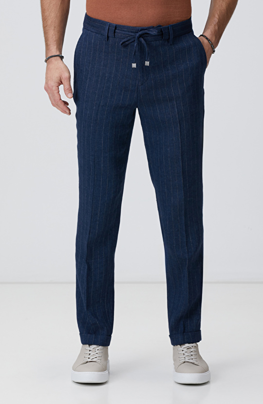 Lacivert Keten Karışımlı Pantolon