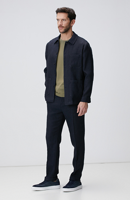 Lacivert Keten Karışımlı Ceket