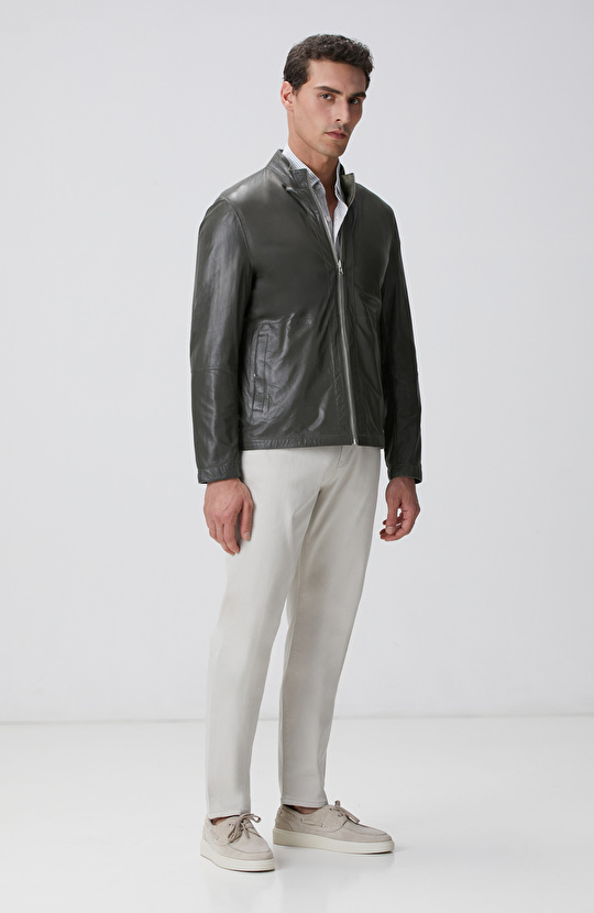 Açık Haki Deri Mont