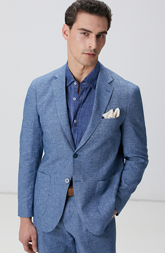 Mavi Keten Karışımlı Takım Elbise