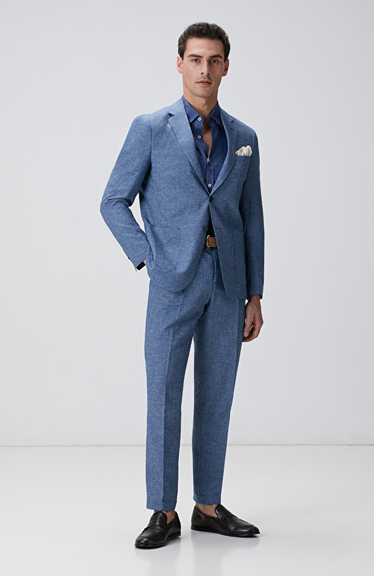 Mavi Keten Karışımlı Takım Elbise