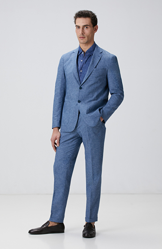 Mavi Keten Karışımlı Takım Elbise