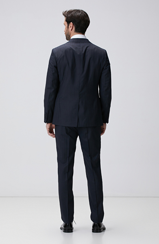 Lacivert Çizgili Yün Saten Karışımlı Takım Elbise