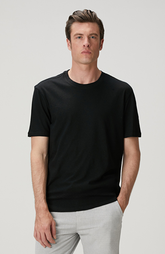 Siyah Keten Karışımlı T-shirt
