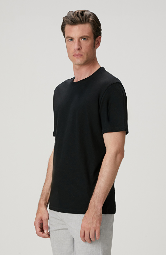 Siyah Keten Karışımlı T-shirt