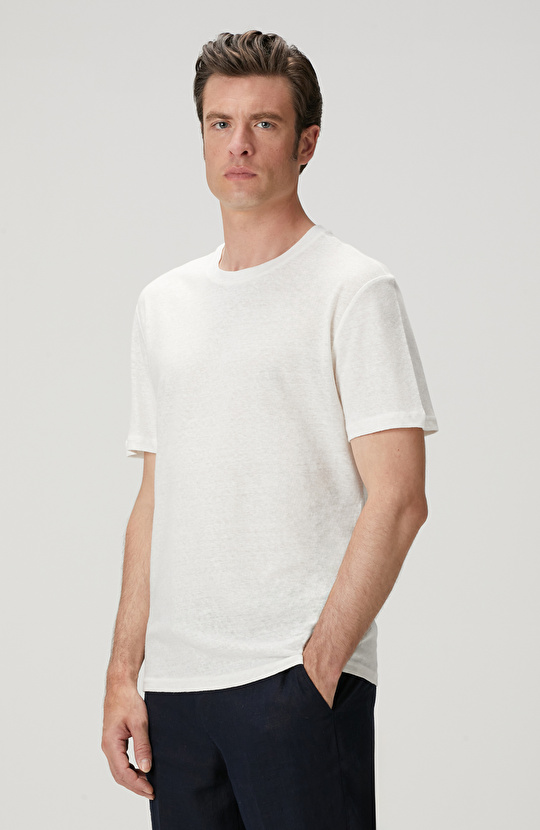 Kırık Beyaz Keten Karışımlı T-shirt