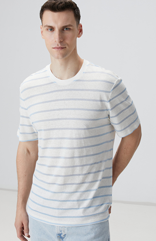 Kırık Beyaz Mavi Keten Karışımlı T-shirt