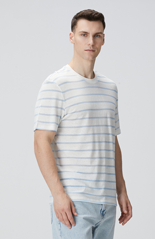 Kırık Beyaz Mavi Keten Karışımlı T-shirt
