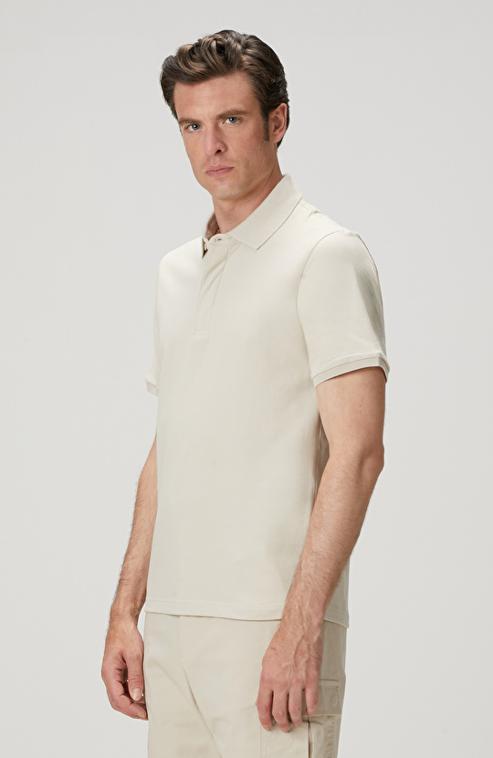 Bej Polo Yaka Gizli Patlı Desenli T-shirt