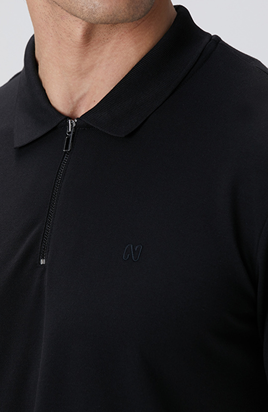 Siyah Polo Yaka Örme T-shirt