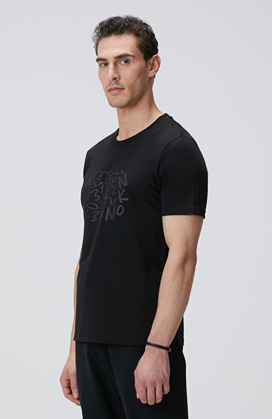 Siyah Network Baskılı Örme T-shirt
