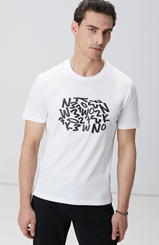 Kırık Beyaz Network Baskılı Örme T-shirt
