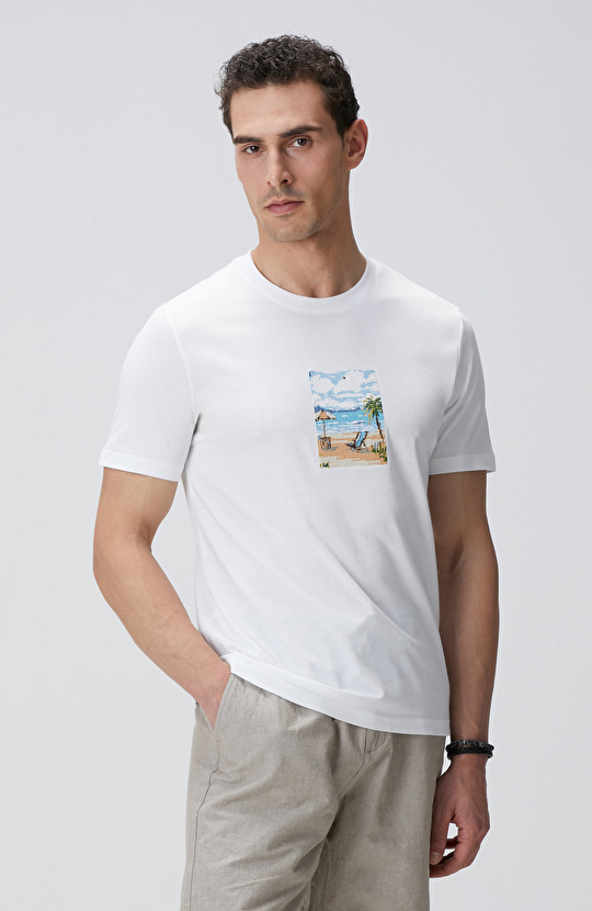 Kırık Beyaz Nakışlı Örme T-shirt