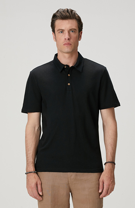 Siyah Keten Karışımlı T-shirt