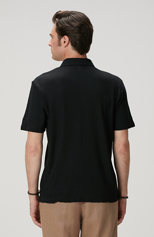 Siyah Keten Karışımlı T-shirt