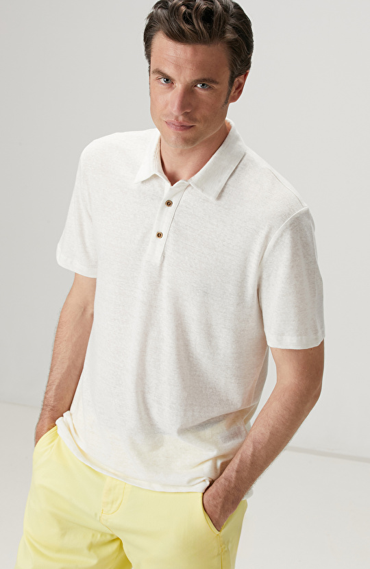 Kırık Beyaz Keten Karışımlı T-shirt