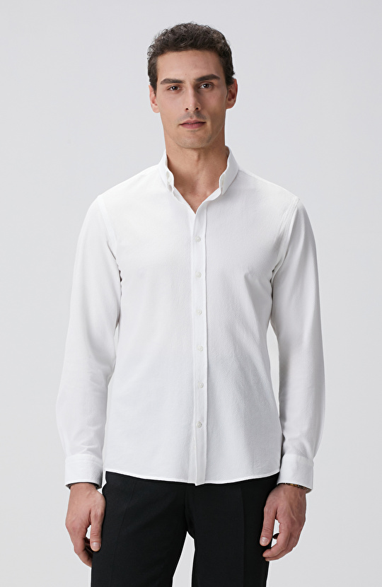 Beyaz Gofre Desenli Gömlek