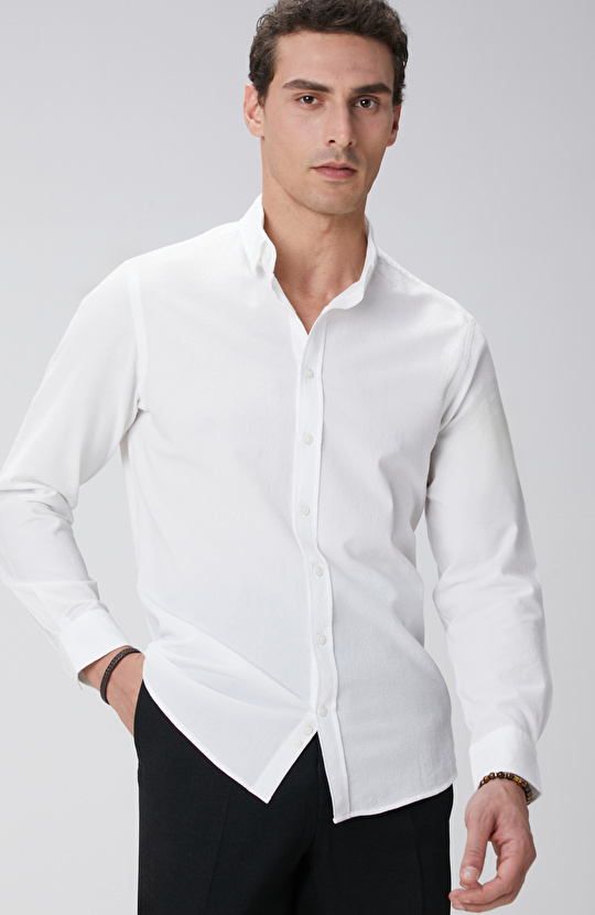 Beyaz Gofre Desenli Gömlek