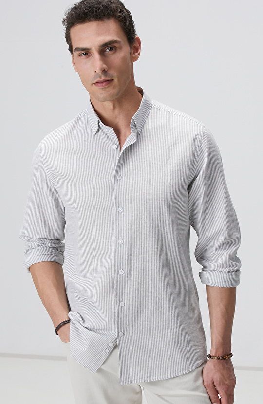 Gri Beyaz Çizgili Keten Karışımlı Gömlek