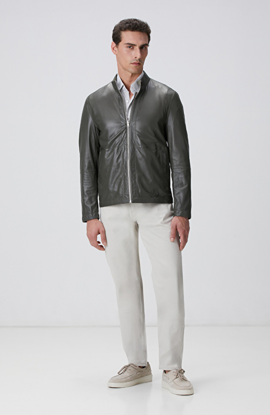 Gri Beyaz Çizgili Keten Karışımlı Gömlek