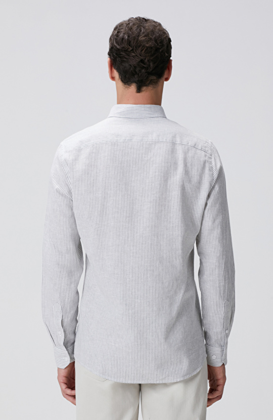 Gri Beyaz Çizgili Keten Karışımlı Gömlek