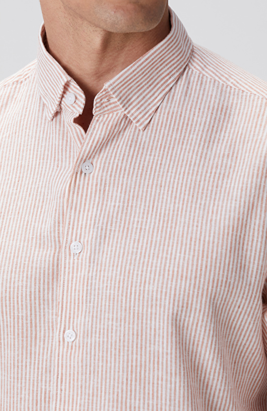 Beyaz Turuncu Çizgili Keten Karışımlı Gömlek