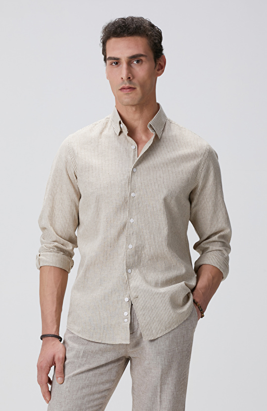 Vizon Çizgili Keten Karışımlı Gömlek