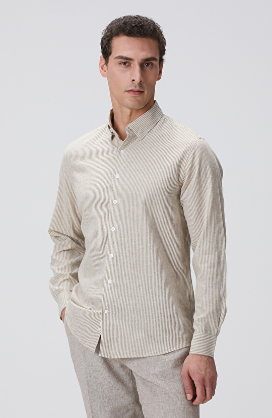 Vizon Çizgili Keten Karışımlı Gömlek